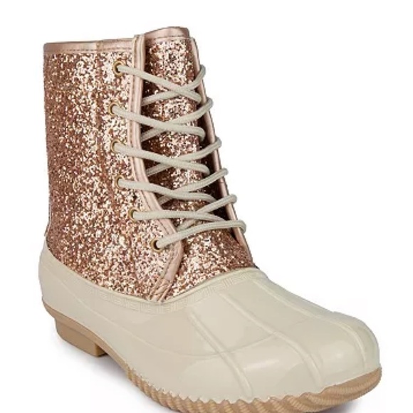 Sugar “Skipper” Rose Gold Glitter Lace Up Rain Snow Duck Boots - Picture 1 of 16